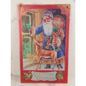 Christmas Greetings Santa Claus Retro Metal Signs 16" x 10" Blue Robes Wall Deco